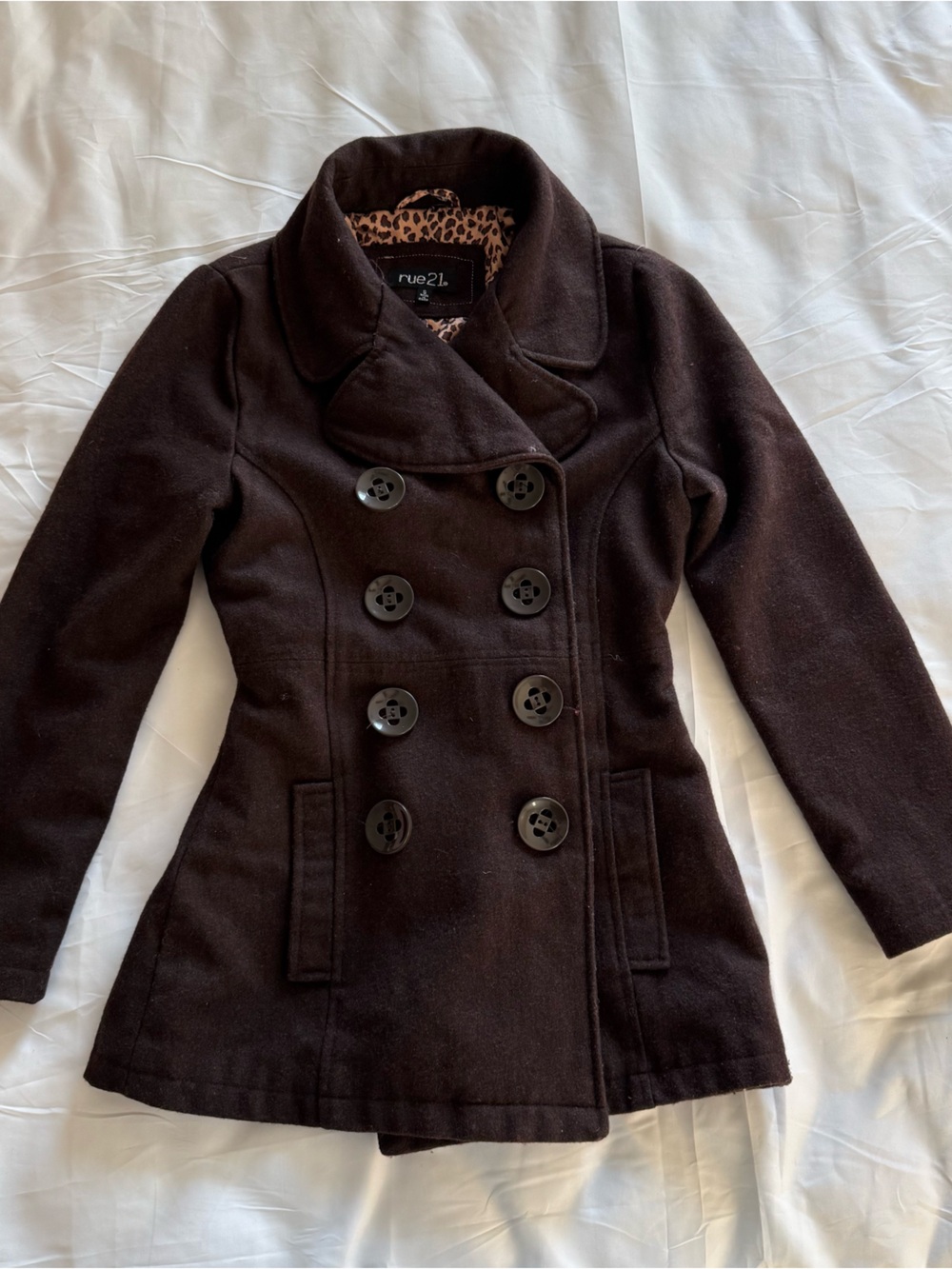 Vintage Rue21 Women's Dark Brown Double-Breasted Peacoat